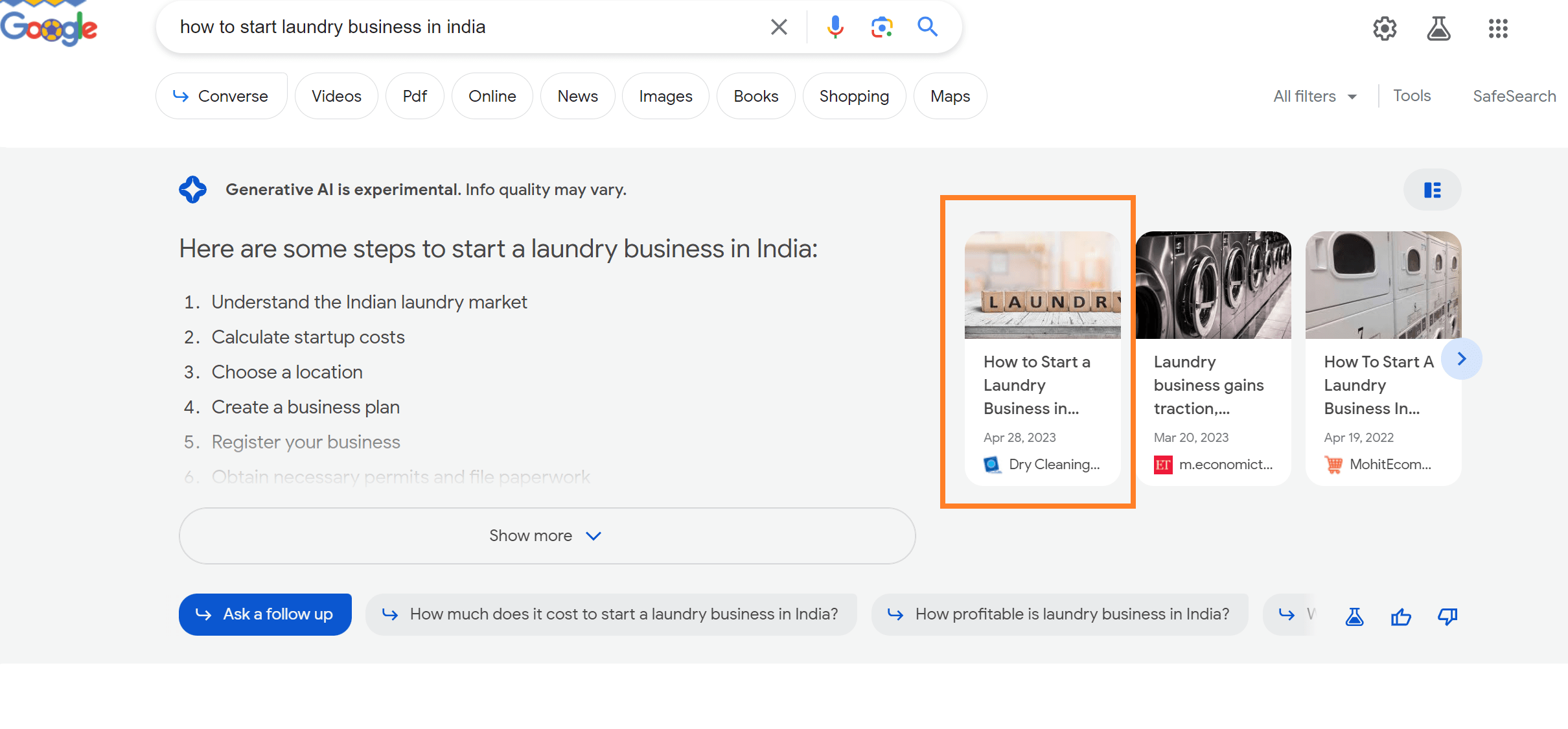 Google SGE AI snapshot for Laundry website Google SGE AI snapshot for Laundry website
