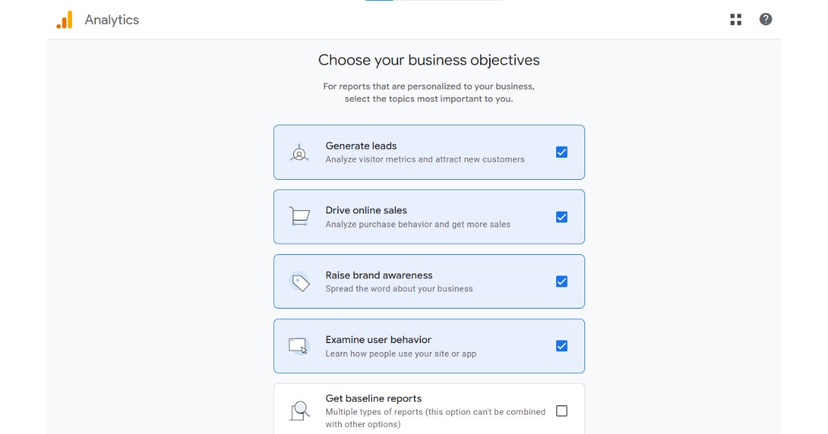 Google Analytics 4 business objective Setup
